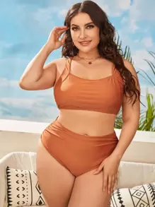 Conjunto de bikini de talle alto drapeado en talla grande y liso para playa en verano - Marrón - Ver 1