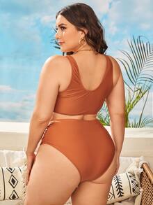 Conjunto de bikini de talle alto drapeado en talla grande y liso para playa en verano - Marrón - Ver 2