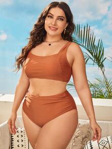 Conjunto de bikini de talle alto drapeado en talla grande y liso para playa en verano - Marrón - Ver 3