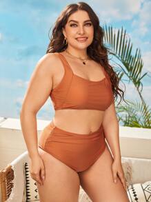 Conjunto de bikini de talle alto drapeado en talla grande y liso para playa en verano - Marrón - Ver 4