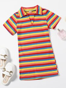 SHEIN 小女童彩色條紋T恤洋裝 - 彩色 - 查看 1