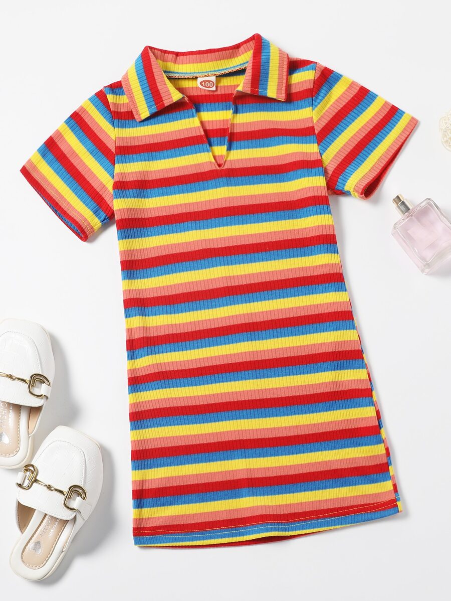SHEIN 小女童彩色條紋T恤洋裝 - 彩色 - 查看 1