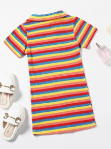 SHEIN 小女童彩色條紋T恤洋裝 - 彩色 - 查看 2
