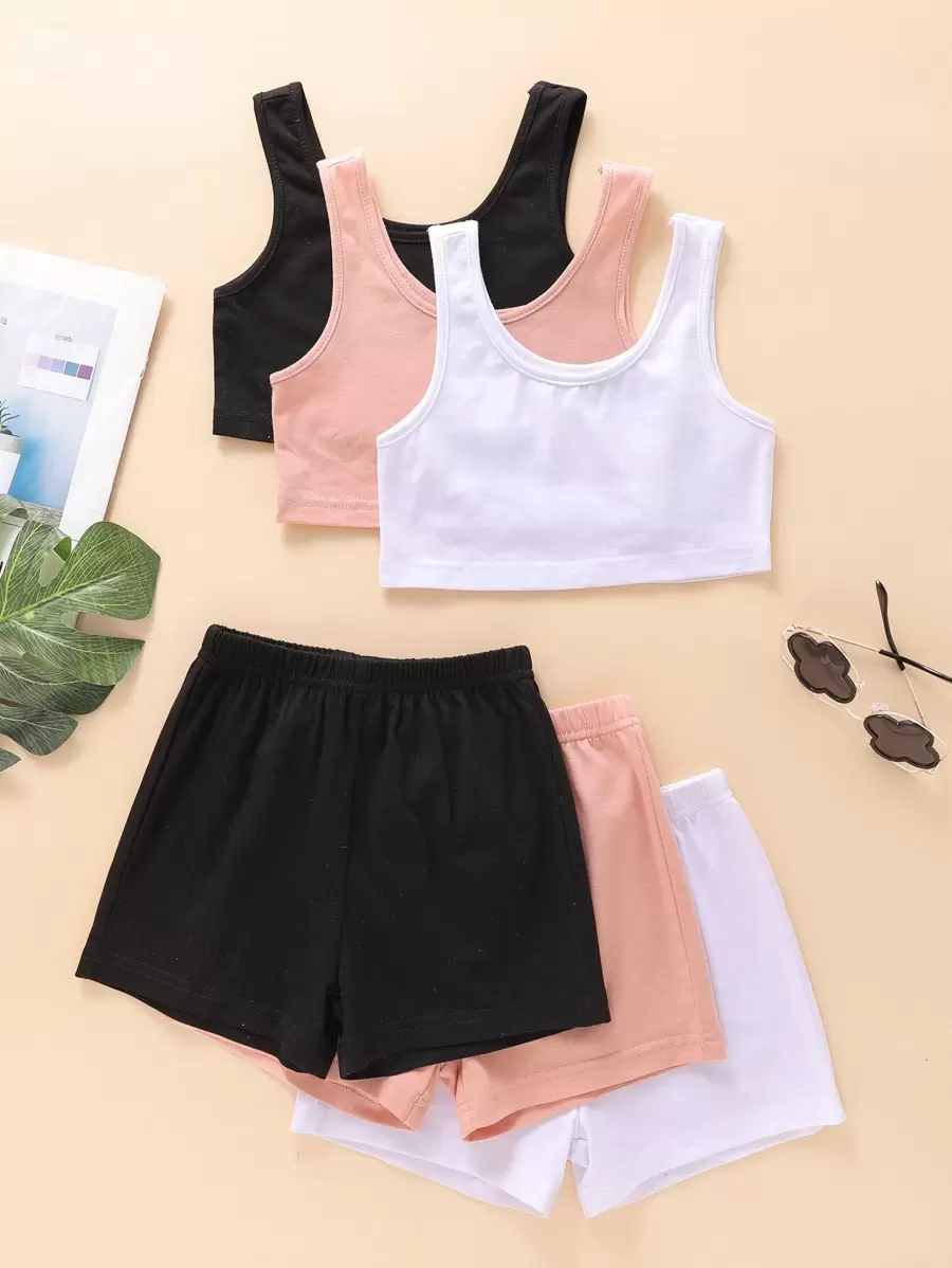 SHEIN 少女3入組實色背心和3入組短褲 - 彩色 - 查看 1