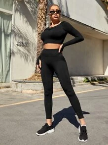 Yoga Basic 無縫高彈後鏤空運動T恤和緊身打底褲 - 黑色 - 查看 3