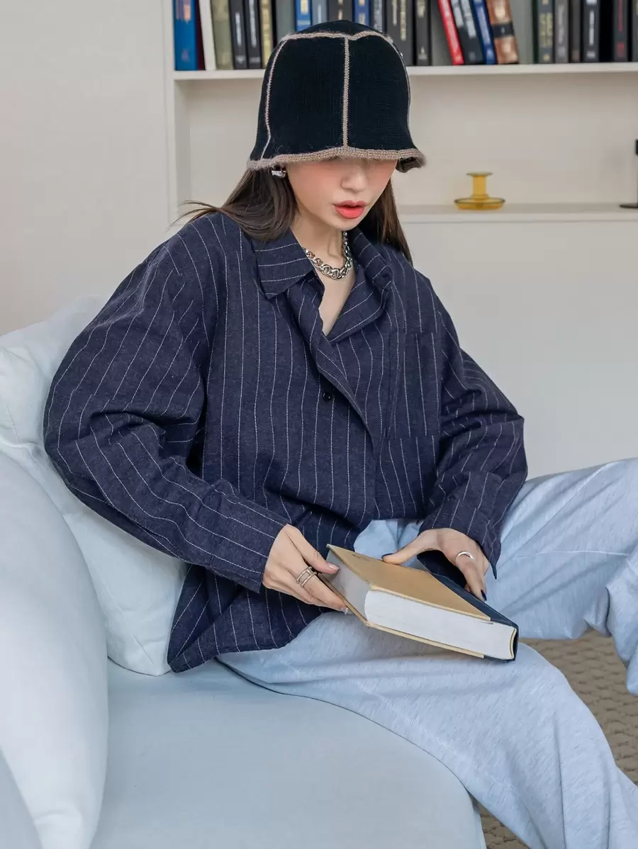 DAZY Women's Casual Long Sleeve Loose Striped Shirt, Spring & Autumn,Back To School Clothes,Fall Women Clothes - Navy Blue - View 1