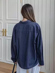 DAZY Women's Casual Long Sleeve Loose Striped Shirt, Spring & Autumn,Back To School Clothes,Fall Women Clothes - Navy Blue - View 2