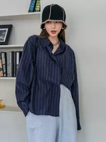 DAZY Women's Casual Long Sleeve Loose Striped Shirt, Spring & Autumn,Back To School Clothes,Fall Women Clothes - Navy Blue - View 3