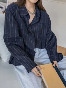 DAZY Women's Casual Long Sleeve Loose Striped Shirt, Spring & Autumn,Back To School Clothes,Fall Women Clothes - Navy Blue - View 4