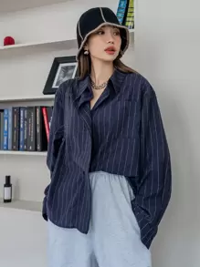 DAZY Women's Casual Long Sleeve Loose Striped Shirt, Spring & Autumn,Back To School Clothes,Fall Women Clothes - Navy Blue - View 5
