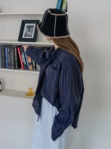 DAZY Women's Casual Long Sleeve Loose Striped Shirt, Spring & Autumn,Back To School Clothes,Fall Women Clothes - Navy Blue - View 7