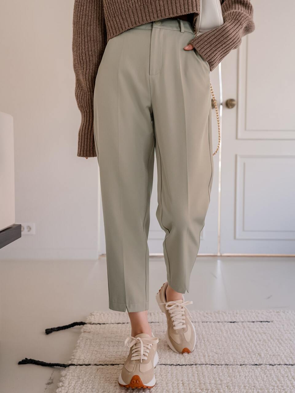 High Waist Slant Pockets Slit Hem Tailored Pants
