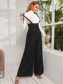 SHEIN Privé Áo liền quần nữ Nút đôi Thắt nút Túi Dây kéo màu trơn Thanh lịch - màu đen - Xem 1