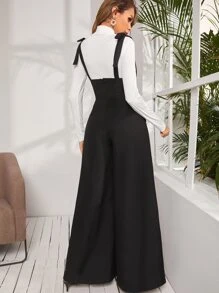 SHEIN Privé Áo liền quần nữ Nút đôi Thắt nút Túi Dây kéo màu trơn Thanh lịch - màu đen - Xem 2