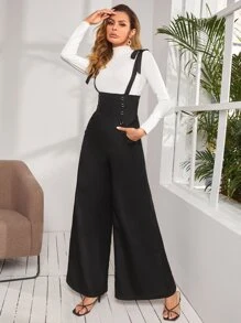 SHEIN Privé Áo liền quần nữ Nút đôi Thắt nút Túi Dây kéo màu trơn Thanh lịch - màu đen - Xem 3