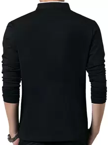 男士95%棉立领长袖Polo衫，纽扣开襟，适合高尔夫和秋季穿着