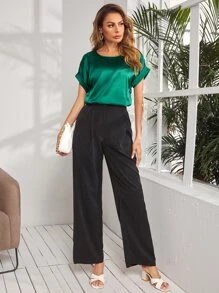 SHEIN Privé Rolled Cuff Satin Top - Dark Green - View 1