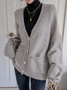 DAZY Jersey de hombros caídos con doble bolsillo con botón delantero - Gris - Ver 1