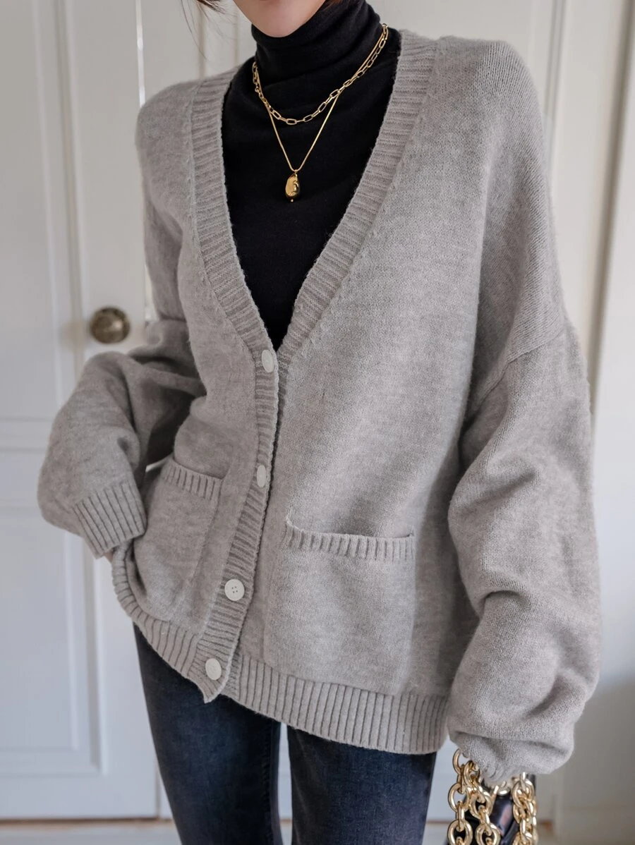 DAZY Jersey de hombros caídos con doble bolsillo con botón delantero - Gris - Ver 1