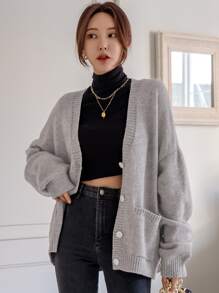 DAZY Jersey de hombros caídos con doble bolsillo con botón delantero - Gris - Ver 6