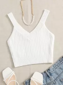 SHEIN Unity 素色條紋針織上衣 - 白色 - 查看 1