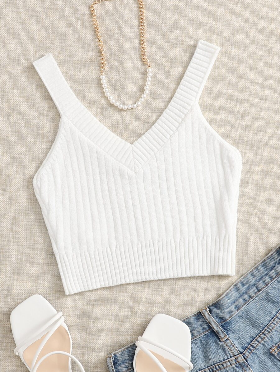 SHEIN Unity 素色條紋針織上衣 - 白色 - 查看 1