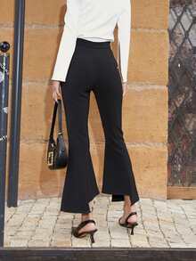 High Waist Asymmetrical Hem Flare Leg Trousers - Black - View 2