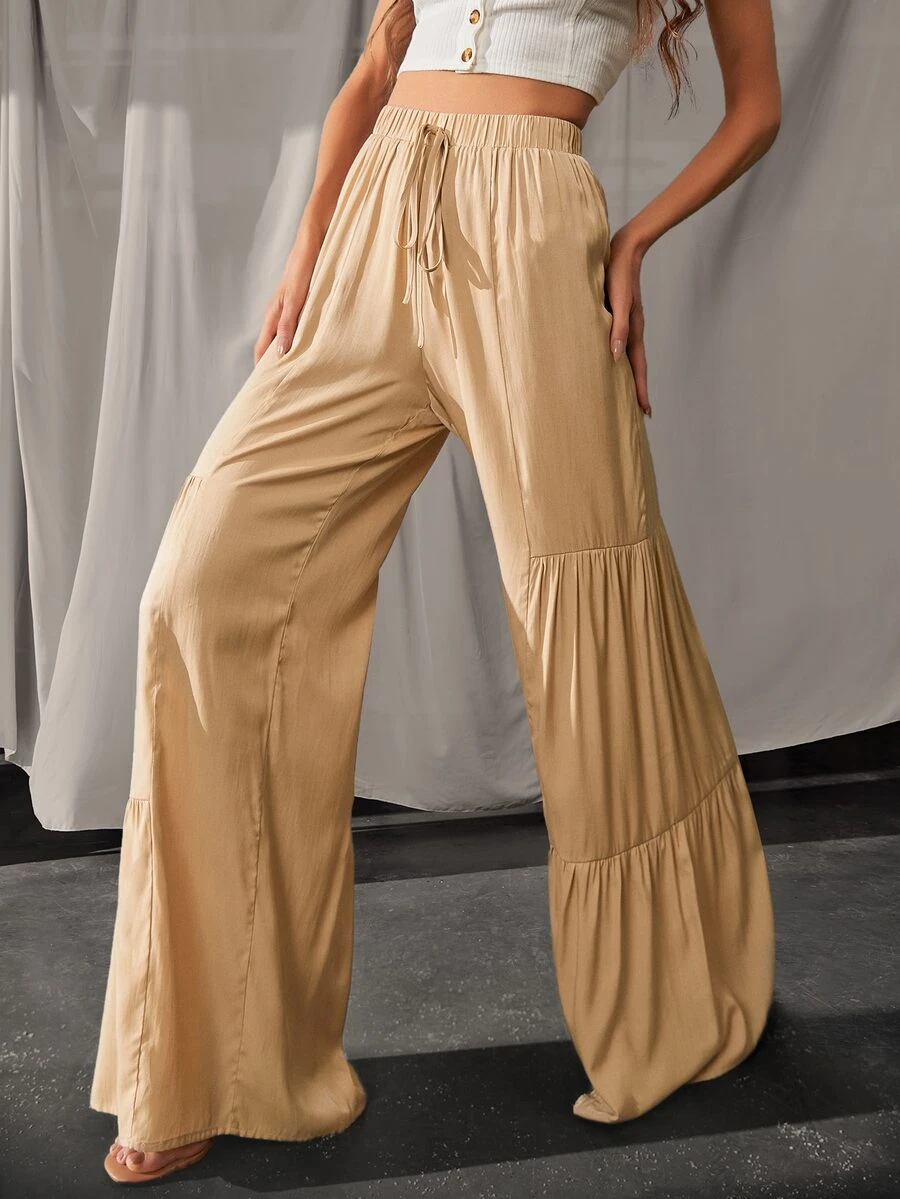 Tie Waist Ruffle Hem Wide Leg Pants - Apricot - View 1