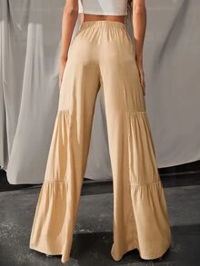 Tie Waist Ruffle Hem Wide Leg Pants - Apricot - View 2