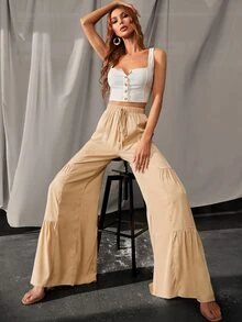 Tie Waist Ruffle Hem Wide Leg Pants - Apricot - View 6