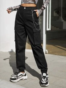SHEIN Pantalones cargo de talle alto con cadena - Negro - Ver 2