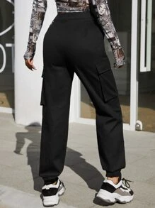 SHEIN Pantalones cargo de talle alto con cadena - Negro - Ver 3