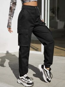 SHEIN Pantalones cargo de talle alto con cadena - Negro - Ver 1