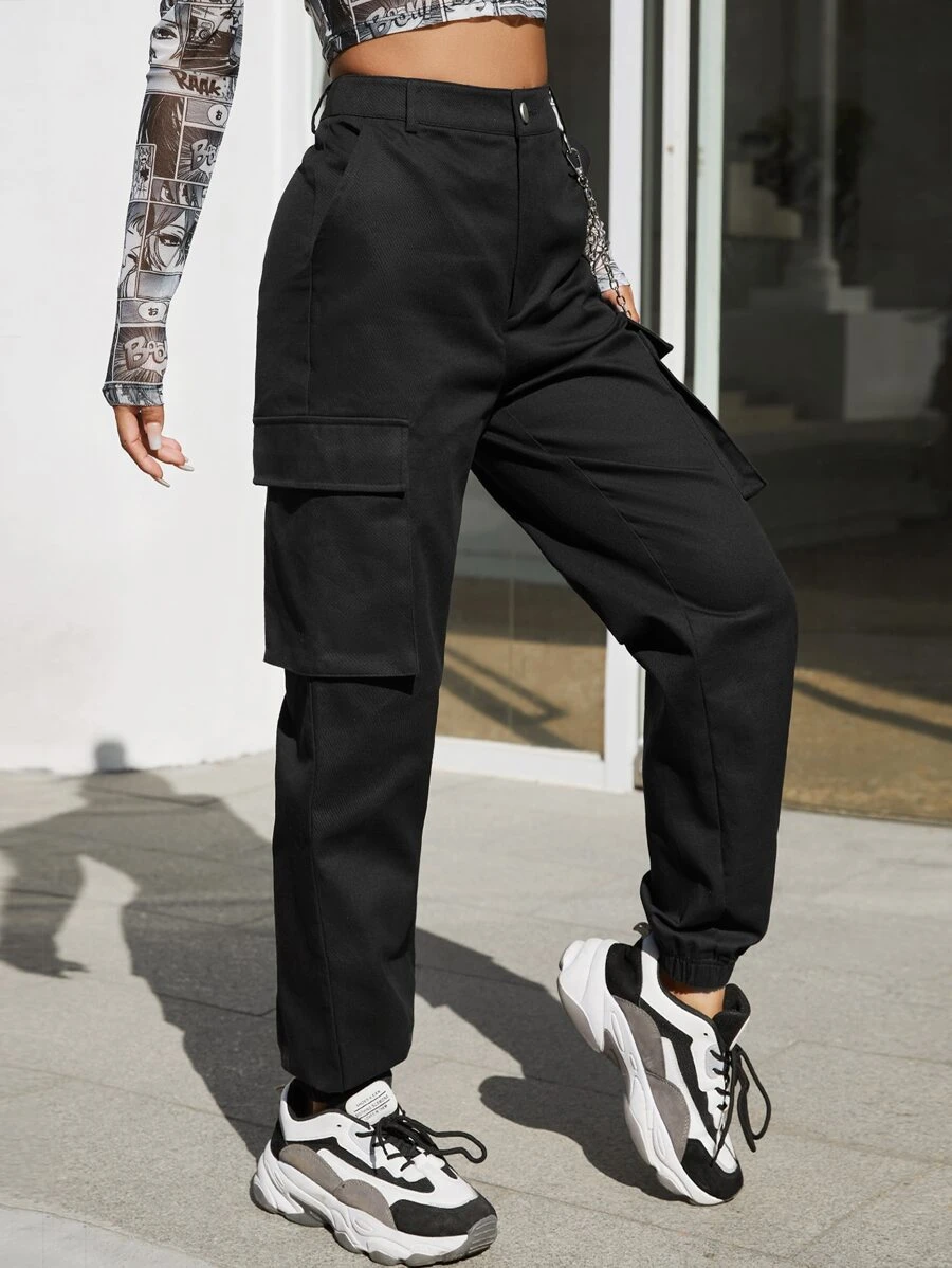SHEIN Pantalones cargo de talle alto con cadena - Negro - Ver 1