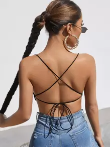 SHEIN BAE 十字交叉後背繫帶手帕下擺吊帶上衣 - 黑色 - 查看 2