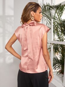 BizChic Tie Back Cap Sleeve Satin Top Workwear - Pink - View 2