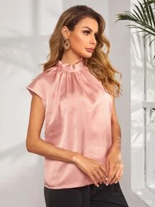 BizChic Tie Back Cap Sleeve Satin Top Workwear - Pink - View 5