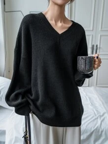 DAZY V Neck Drop Shoulder Jumper - Black - View 1
