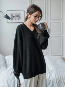 DAZY V Neck Drop Shoulder Jumper - Black - View 4