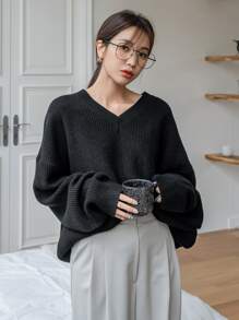 DAZY V Neck Drop Shoulder Jumper - Black - View 5