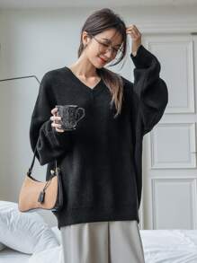 DAZY V Neck Drop Shoulder Jumper - Black - View 6