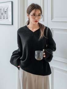DAZY V Neck Drop Shoulder Jumper - Black - View 8