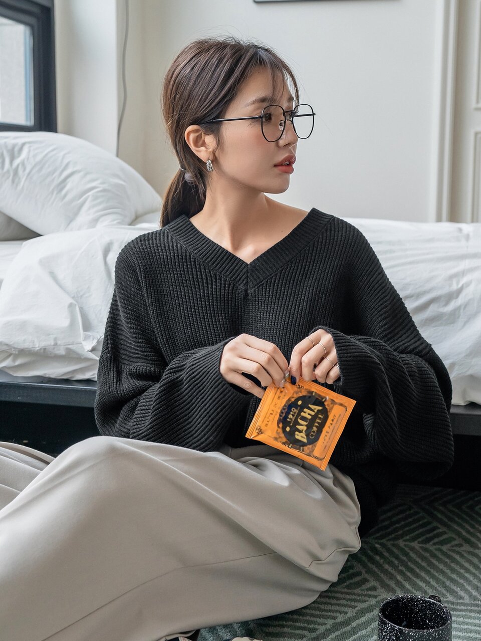 V Neck Drop Shoulder Sweater