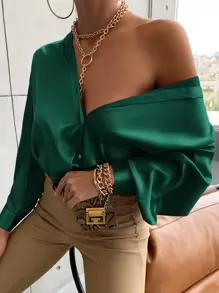 Aveloria 燈籠袖前排扣素色襯衫 - 墨綠色 - 查看 1