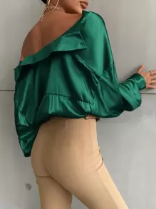 Aveloria 燈籠袖前排扣素色襯衫 - 墨綠色 - 查看 2