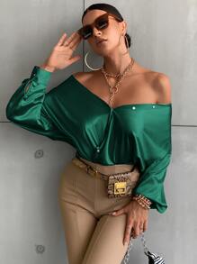 Aveloria 燈籠袖前排扣素色襯衫 - 墨綠色 - 查看 3