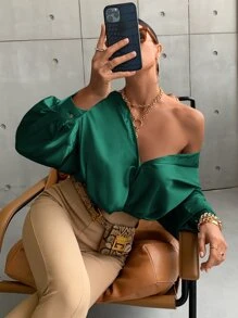 Aveloria 燈籠袖前排扣素色襯衫 - 墨綠色 - 查看 4