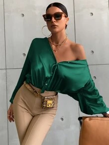 Aveloria 燈籠袖前排扣素色襯衫 - 墨綠色 - 查看 5