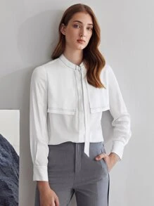 MOTF PREMIUM 拼接車縫垂墜襯衫 - 白色 - 查看 2