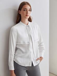 MOTF PREMIUM 拼接車縫垂墜襯衫 - 白色 - 查看 8